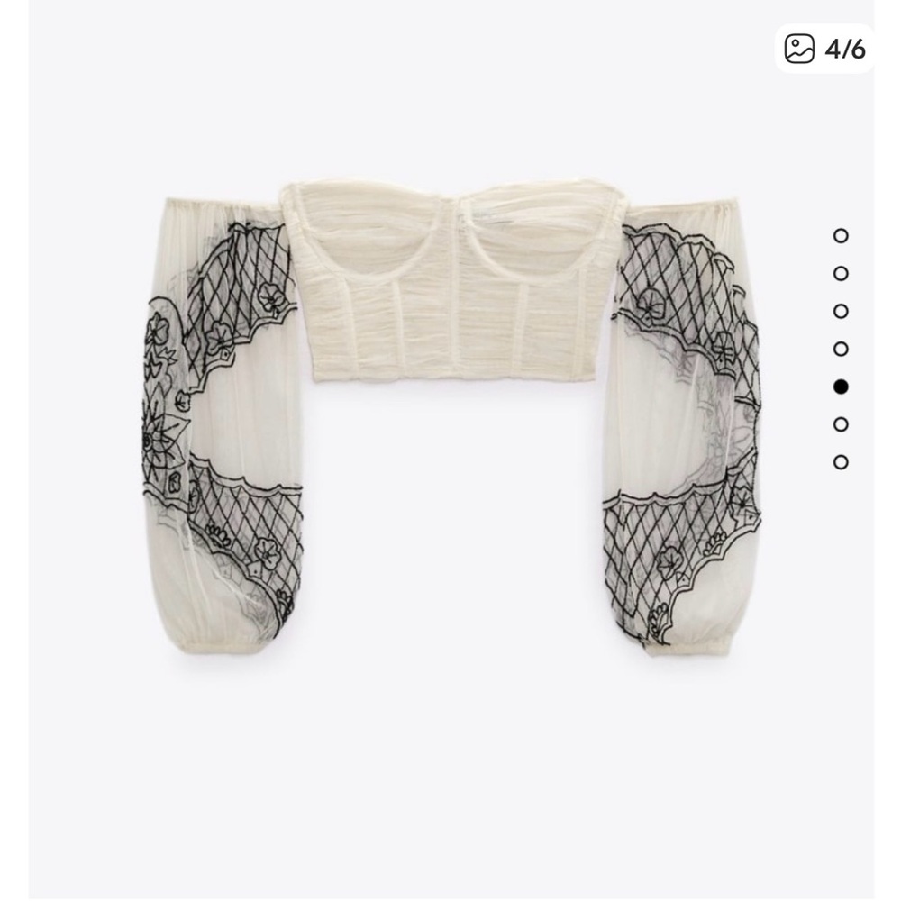 Zara S Off-Shoulder Sheer Puff Sleeve Crop Top in Cream with Black Embroidery